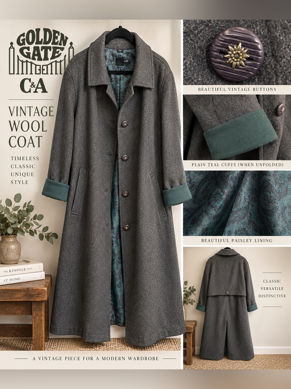 Vintage Golden Gate C&A Wool Long Coat Gray Teal Oversized 75% Wool